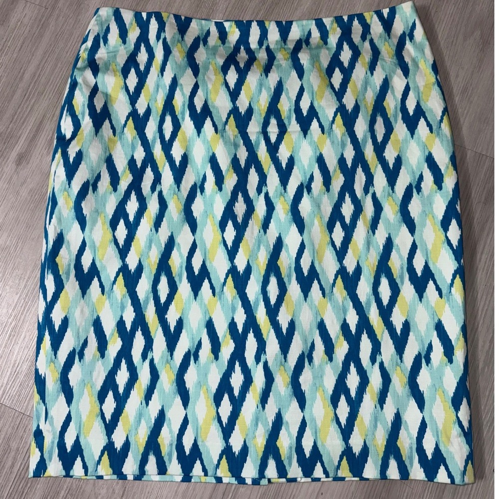Ann Taylor Blue Green Ikat Diamond Cotton Pencil Skirt Size 12 Lined Career